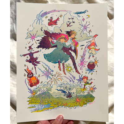 Risograph print of Howl and Sophie from Howl's Moving Castle, leaping over an open countryside landscape with shooting sparks all around them and various other characters from the film around the scene.