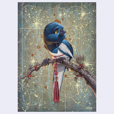 Highly rendered painting of a blue and white bird sitting on a branch. It has glowing yellow eyes and a red tassel tied around its waist. Background looks like an abstract golden fireworks scene.