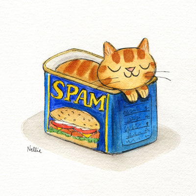 Watercolor illustration of an orange cartoon cat sleeping in a can of spam.