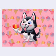 Painting of a black and white chibi style husky, with one blue eye and one green eye. It looks excitedly at a snow cone. Background is pink with a repeating pattern of snow cones and shaved ice.