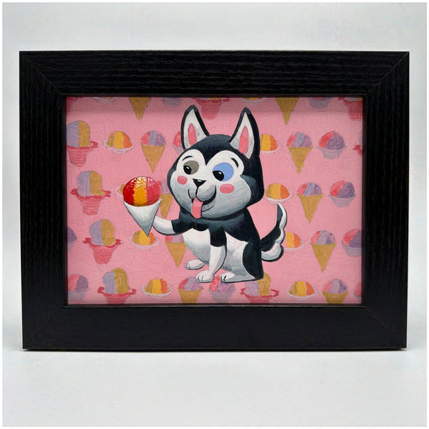 Painting of a black and white chibi style husky, with one blue eye and one green eye. It looks excitedly at a snow cone. Background is pink with a repeating pattern of snow cones and shaved ice. Piece is framed.