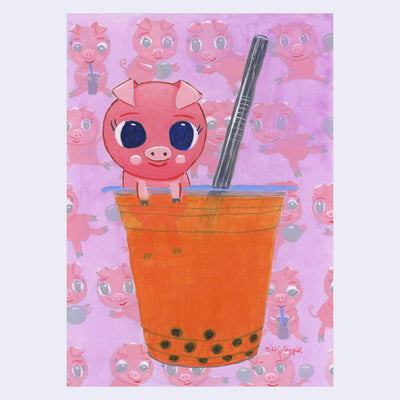 Illustration of a cartoon pig with a big, cute head hanging over a cup of Thai Tea boba, with a plastic straw poking out the top. Background is a repeating pattern of the cartoon pig drinking boba and waving.