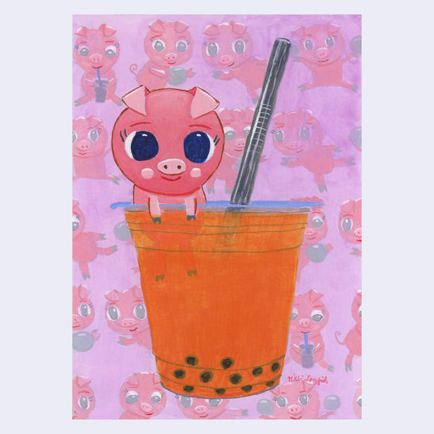 Illustration of a cartoon pig with a big, cute head hanging over a cup of Thai Tea boba, with a plastic straw poking out the top. Background is a repeating pattern of the cartoon pig drinking boba and waving.