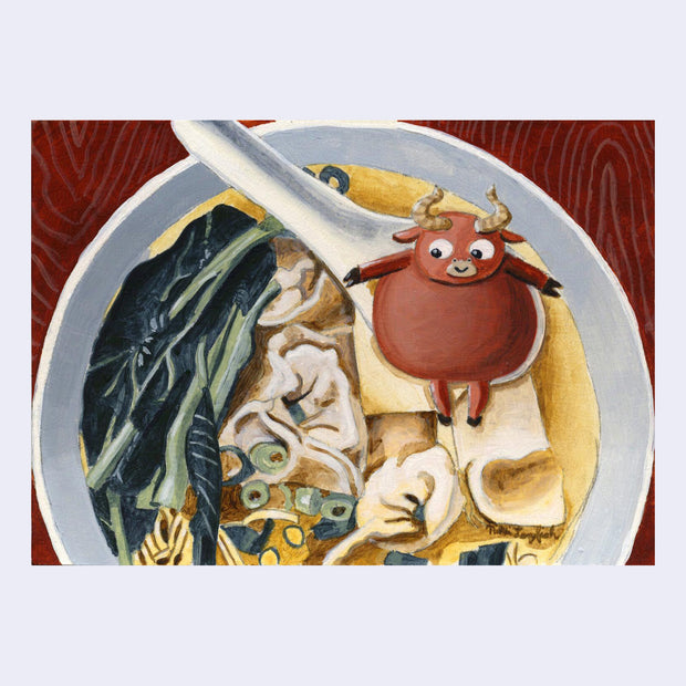 Painting of a bowl of ox tail soup, with a chubby cartoon ox sitting in the spoon.