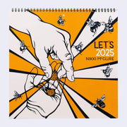 Spiral bound calendar cover, of 2 hands. One puts a berry in the palm of the other and several bees fly around them, with graphic style lines going out from the center like sun rays.