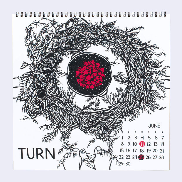 Spiral bound calendar page for June, with only numbers for days featuring a black woodcut illustration of a nest made of twigs, with a colander of red berries in the center. Small feet stand at the bottom next to text that reads "Turn".