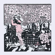 Spiral bound calendar page for March, with only numbers for days featuring an elaborate pink and black woodcut illustration of several sets of people hugging or playing under a grove of blossoming cherry blossom trees.