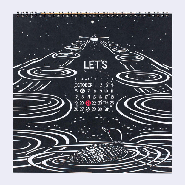 Spiral bound calendar page for October, with only numbers for days featuring a black woodcut illustration of a red eyed coot floating atop water and looking off towards a person piloting a rowboat. The paddles have made uniform ripples in the water.