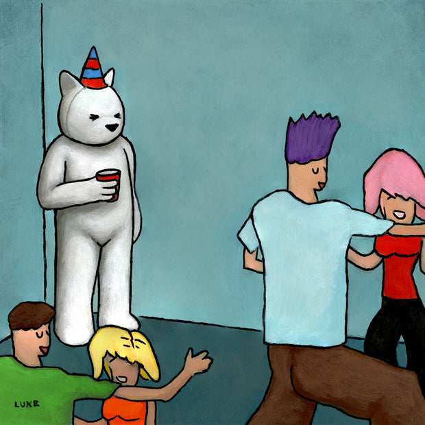 Painting of the popular meme where a figure is standing alone in the corner of a party. The figure in this rendition is a white bear with a party cap and a red cup. Stylistically messy drawn figures dance around the room.