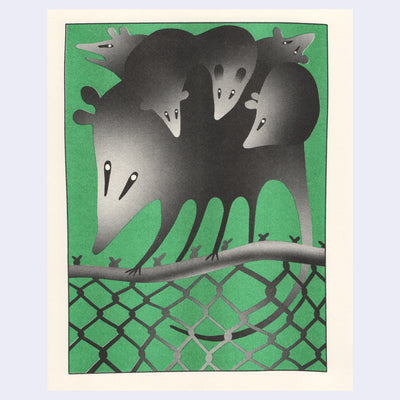 Risograph print of an opossum walking along the top of a chainlink fence. There are 5 baby opossums on her back and the background is fully green.