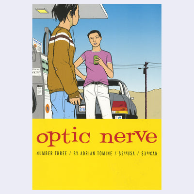 Cover for Issue #3 of "Optic Nerve" comic, featuring an illustration of 2 people standing at a gas station, talking. One holds a soda and the other has headphones in.