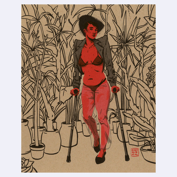 Risograph print on tan paper of a woman with red skin, wearing her underwear, a sheer skirt and an open blazer. She is on crutches and stands in a room of potted trees and tall plants. She looks slightly off to the side.