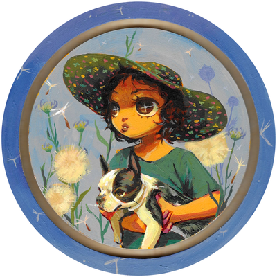 Painting on a circular wooden canvas of a tan girl with short brown hair wearing a large sunhat and holding a terrier breed dog. She looks off into the distance with flowers growing around.