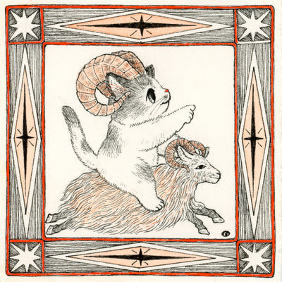 Ink sketch of a small cat, fashioned to look like a ram, riding atop another ram.