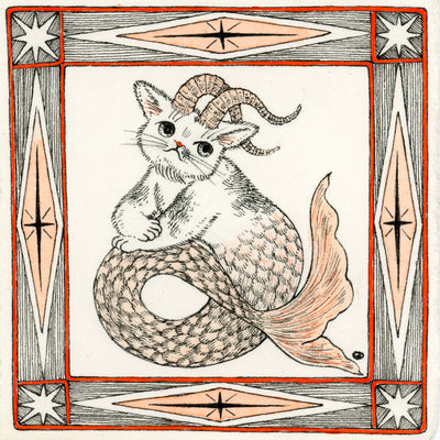 Ink drawing of a small cat with a curled mermaid tail and horns. It rests atop its tail and looks off to the side.