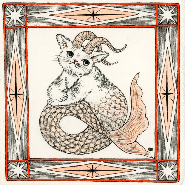 Ink drawing of a small cat with a curled mermaid tail and horns. It rests atop its tail and looks off to the side.