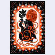 Black, white and orange illustration of a black cat with a orange bow around its neck. The bow has lots of excess, all wrapped around its body. Piece is bordered ornately with a pattern star and flower design.