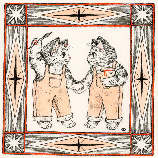 Ink sketch of two small cats, fashioned to look like twins in overalls. One holds a paintbrush and the other holds a can of paint.