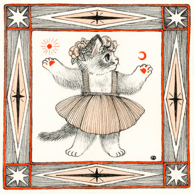 Ink drawing on white paper of a small cat wearing a dress and holding their arms up, with a sun in one hand and the moon in the other.