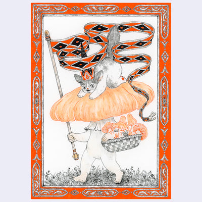 Black and orange ink illustration of a large walking mushroom, holding a banner flag and a woven basket of mushrooms. A scared cat sits atop its head.