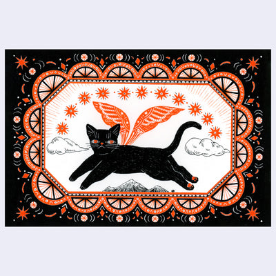 Black and white ink illustration with orange color accents of a black cat, flying over a small mountain range with wings. Border is ornate with half circles, stars and other decorative patterning.