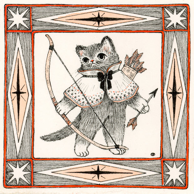 Ink drawing of a small cat wearing a short cloak and holding a large bow with a quiver on its back.