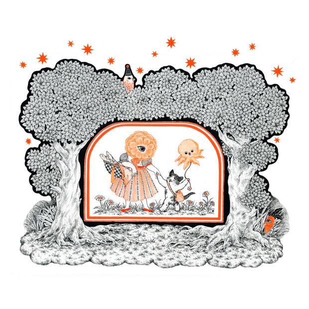 Black and orange ink illustration of a flower person wearing a dress and holding hands with a cute cat, which holds an octopus shaped balloon. The pair are framed by cut out trees and attached stars.