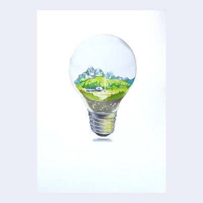 Drawing of a lightbulb with a small scene within it of a car towing a trailer through green mountain landscape.