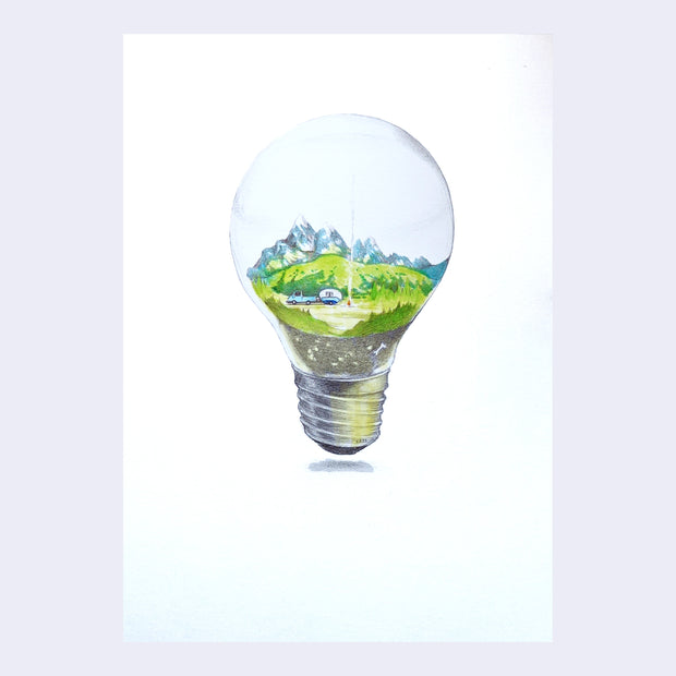 Drawing of a lightbulb with a small scene within it of a car towing a trailer through green mountain landscape.