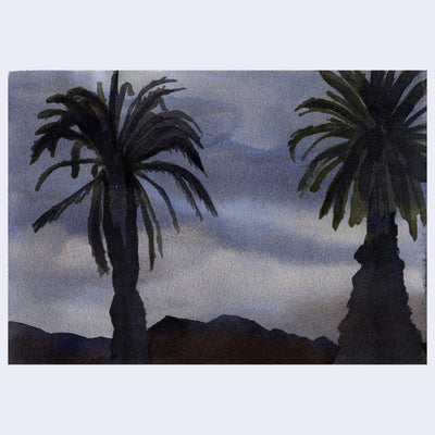 Watercolor painting of a gloomy sky and 2 large palm tree silhouettes. In the background is a silhouette of a mountain range.