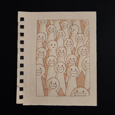 Marker illustration of a series of characters with simplistic body shapes and smiles.