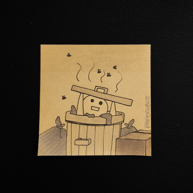 Illustration on tan post it note of a character popping out of a trashcan.