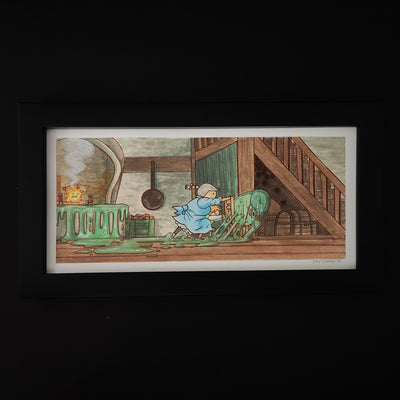 Ink and watercolor painting of an interior of an older, mostly wooden home. An old lady wearing a blue dress pushes a chair with a man covered in green goo. Trails of the goo follow behind them.