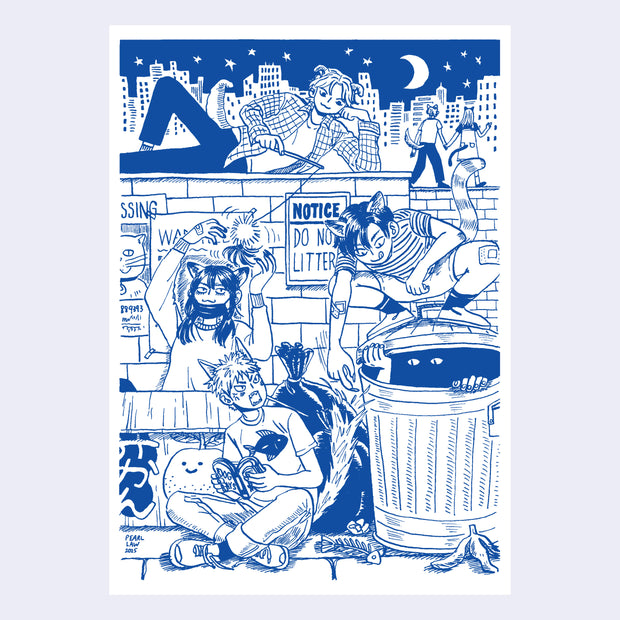 Blue ink illustration of a group of teenagers, with cat ears and fangs. They sit in an alleyway, near a trash can and interact with one another in a playful, teasing way.