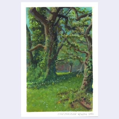 Plein air painting of a park with lush grass and many tall trees with thick trunks and wild branches. Moss and vines grow up the trunks of the trees.