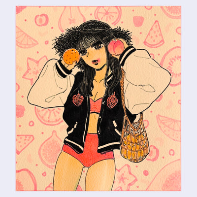 Illustration on tan toned paper of a girl in a bathing suit and a sukajan style jacket with strawberries on the chest. She has a bag full of oranges and holds up an orange and a peach to her face, with juice stained lips.