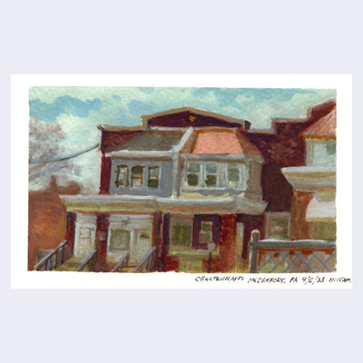 Plein air painting of a east coast style house, reddish brown with white trim and an encased porch.