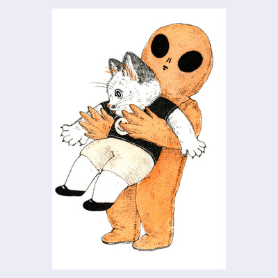 Black and orange ink illustration of a cat in a Halloween blow up alien costume, where it looks like the alien is carrying the cat.