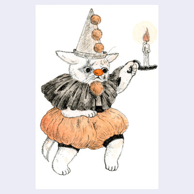 Black and orange ink illustration of a cat dressed in a retro clown costume, with pompoms decorating its outfit and it holds a candle.