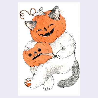 Black and orange ink illustration of a cat with a jack o lantern atop its head, sitting and carving another jack o lantern.