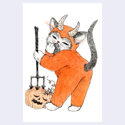 Black and orange ink illustration of a cat dressed in a devil costume with an upside down pitchfork, which it uses to stab a jack o lantern.