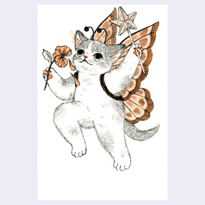 Black and orange ink illustration of a cat wearing fairy wings and holding a star shaped wand in one hand and a flower in the other.