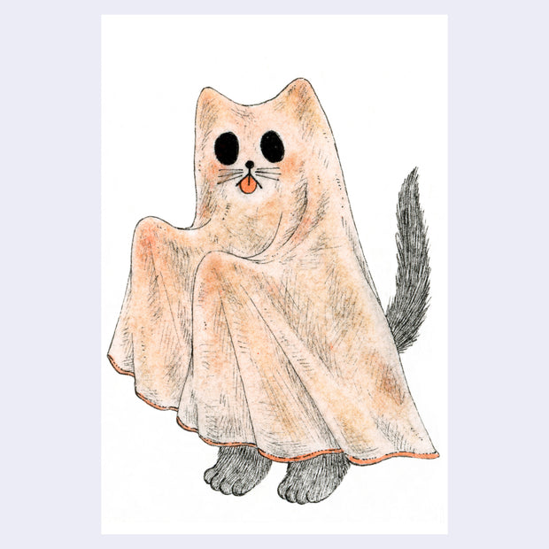 Illustration of a cat, standing on 2 legs like a person and wearing an orange sheet over its body and head with 2 eye holes cut out, like a ghost.