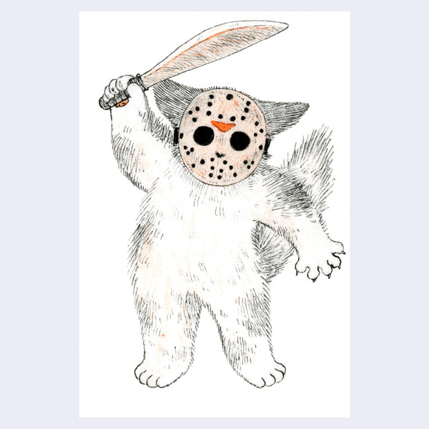 Illustration of a cat, standing on 2 legs like a person and wearing a Jason-style hockey mask and wielding a knife.