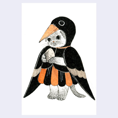 Black and orange ink illustration of a cat dressed in a retro style penguin costume, holding an egg and looking slightly sad.