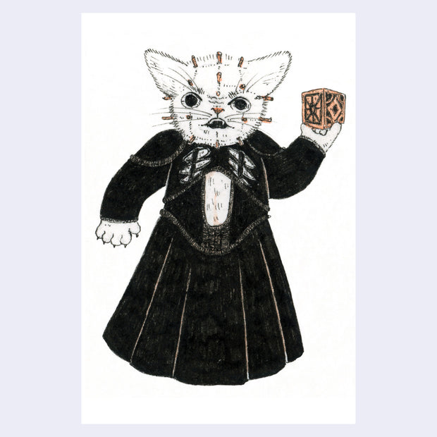 Black and orange ink illustration of a cat dressed in a long black dress and holding a puzzle cube. It has pins coming out of its head.