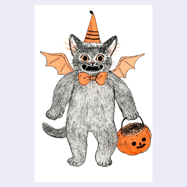 Illustration of a cat, standing on 2 legs like a person and wearing a bowtie, small bat wings and a pointed hat. They have a spooky wide mouth expression and carry a pumpkin.