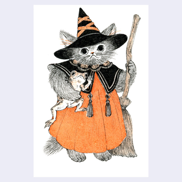 Illustration of a cat, standing on 2 legs like a person and wearing an orange and black dress with a black witch's hat. She holds a broom in one hand and a frog in the other.