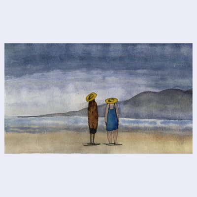 Watercolor painting of a couple standing on the shore at a very overcast and gloomy beach. They both wear yellow sun hats and look off into the water.