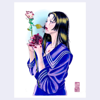 Illustration of a woman with straight black hair with blonde highlights. She holds a thorny rose and an open pomegranate, with the fruit all over her hand and mouth, appearing like blood. She looks off blankly.